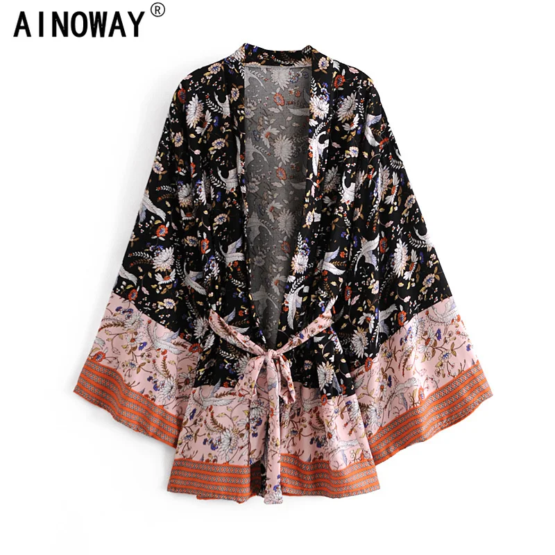 Женское богемное кимоно с цветочным принтом V образным вырезом и рукавами