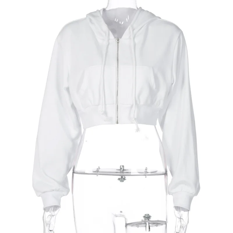 

Women Autumn Outfits Hooded Coat Outwear Solid Color Long Sleeves Zipper Open Short Tops With Pockets for Ladies