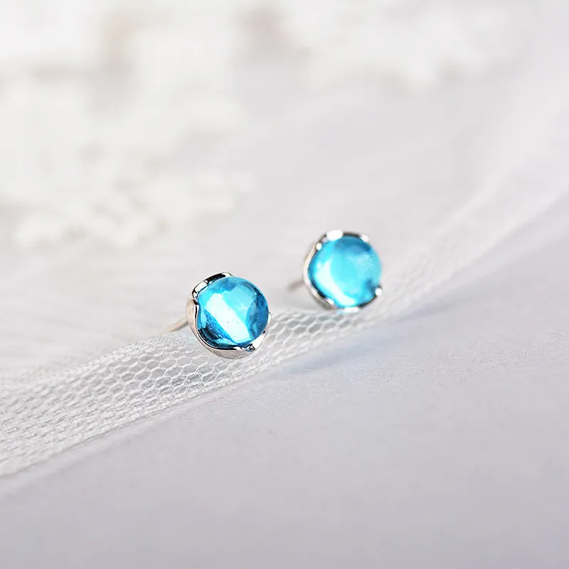 Jellystory Round Blue Crystal Stud Earrings for Women 925 Sterling Silver Fashion Jewellery Wedding Party Gift Wholesale Earring