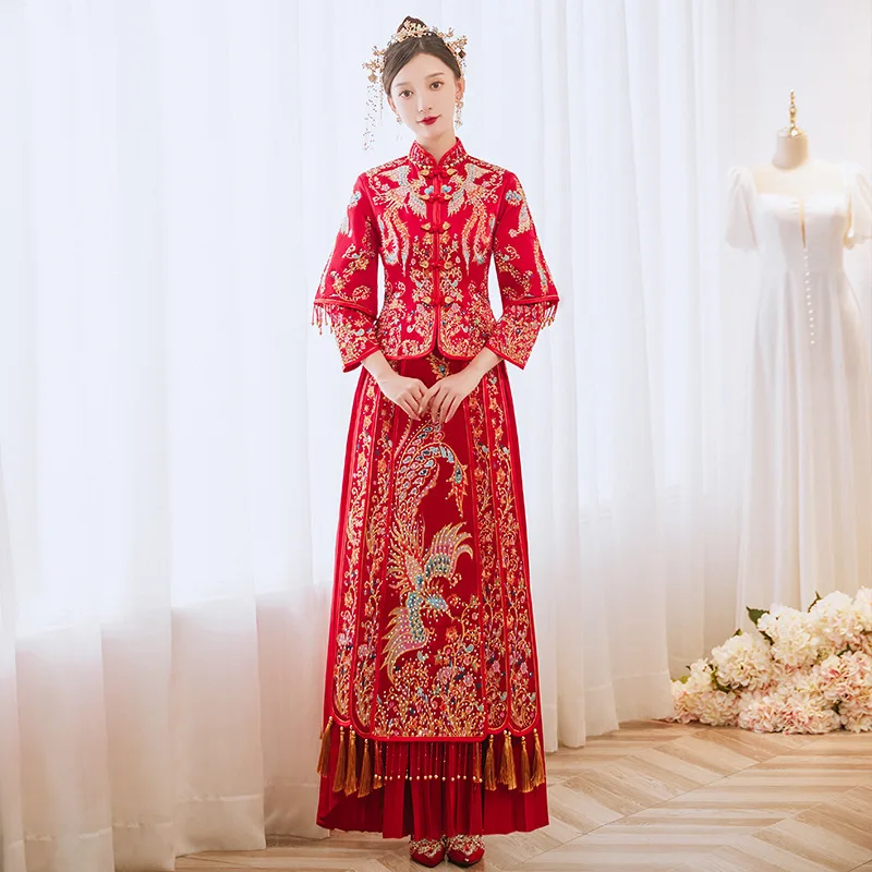 Women's Chinese Style Wedding Dress Red Phoenix Cheongsam Traditional Qipao Size S-4XL