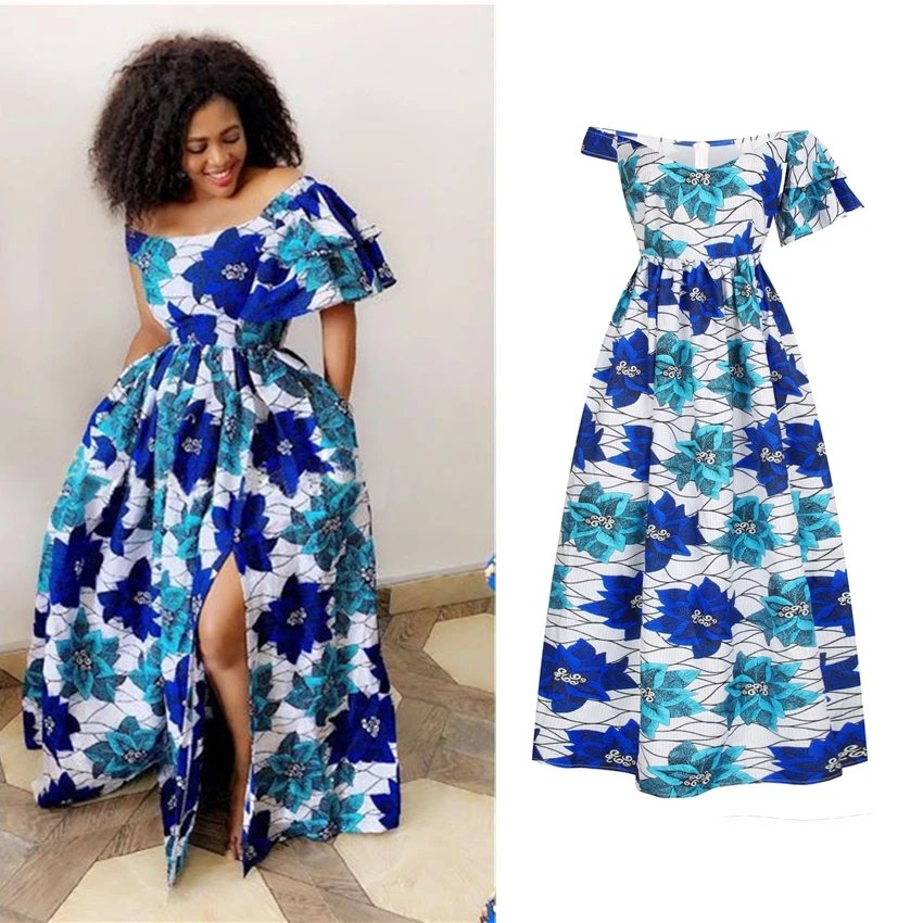 Платье Макси женское летнее с открытыми плечами и кружевом|Африканская одежда| |