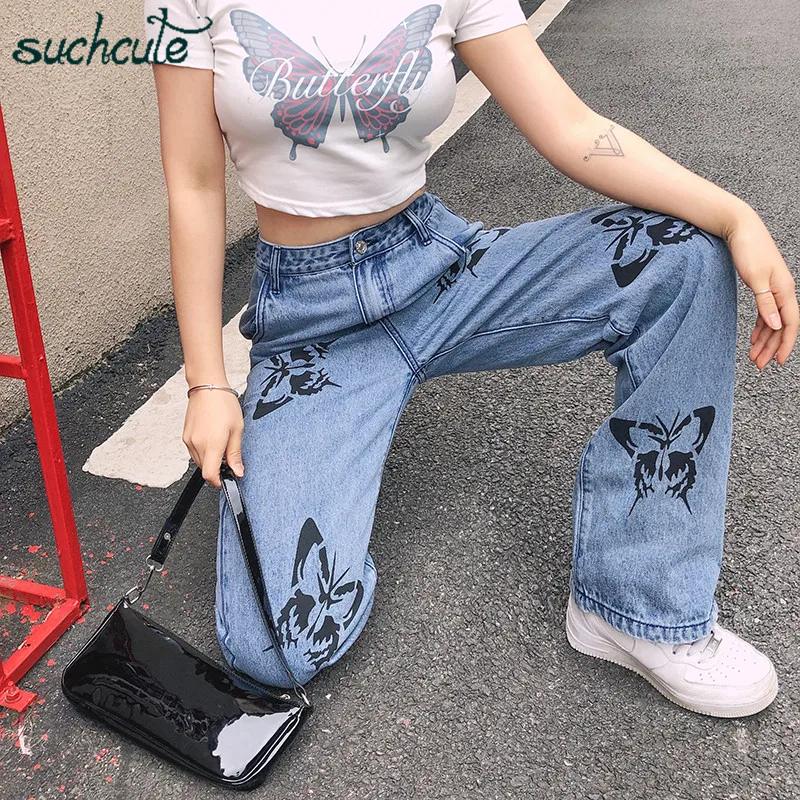 SUCHCUTE с принтом бабочки женские джинсы штаны опущенным низом широкие брюки для