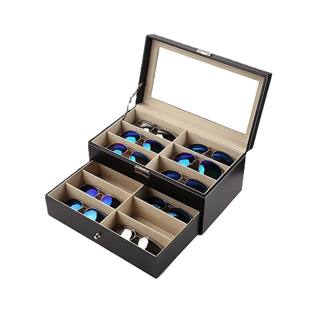 Koop 12 Grids Zwarte Sunglass Organizer Lederen Brillen Collector Double-Layer Brillen Vitrine Afsluitbare Opbergdoos
