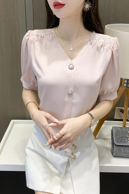 

Chiffon Slim Women Blouses New Casual Blouse Fashion Short Sleeve Top Solid Color Two Buttons V-neck Pullover Shirt Summer 30033