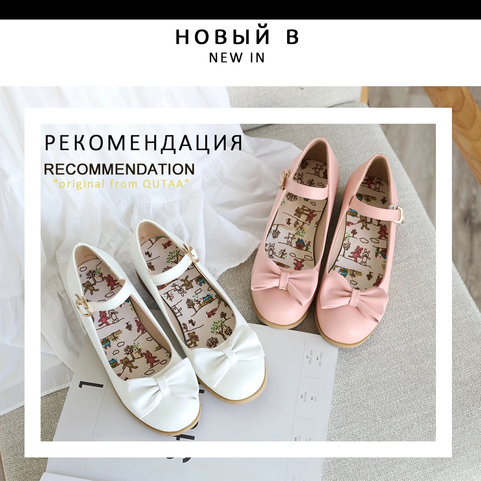 QUTAA/ г. Милые женские туфли-лодочки на платформе с пряжкой из искусственной кожи с бантиком-бабочкой Демисезонные женские туфли с круглым носком на среднем каблуке Size34-43