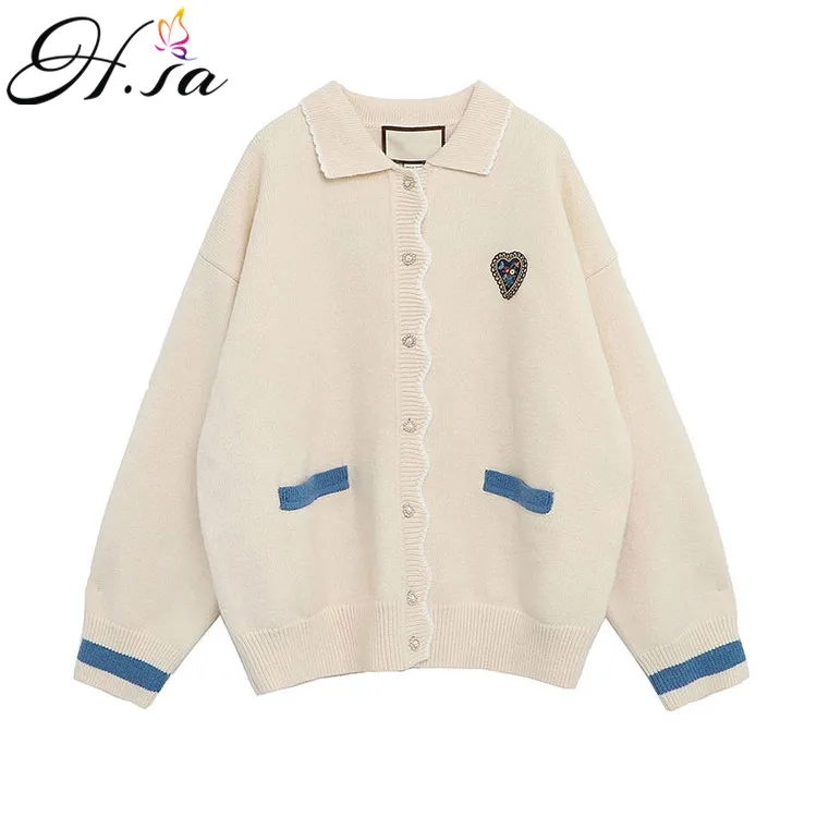 

H.SA 2021 Women Vintage Sweater Coat Long Sleeve Turn Down Caollar Wave Knitted Cardigans Cute Heart Girls Sweaters Jackets