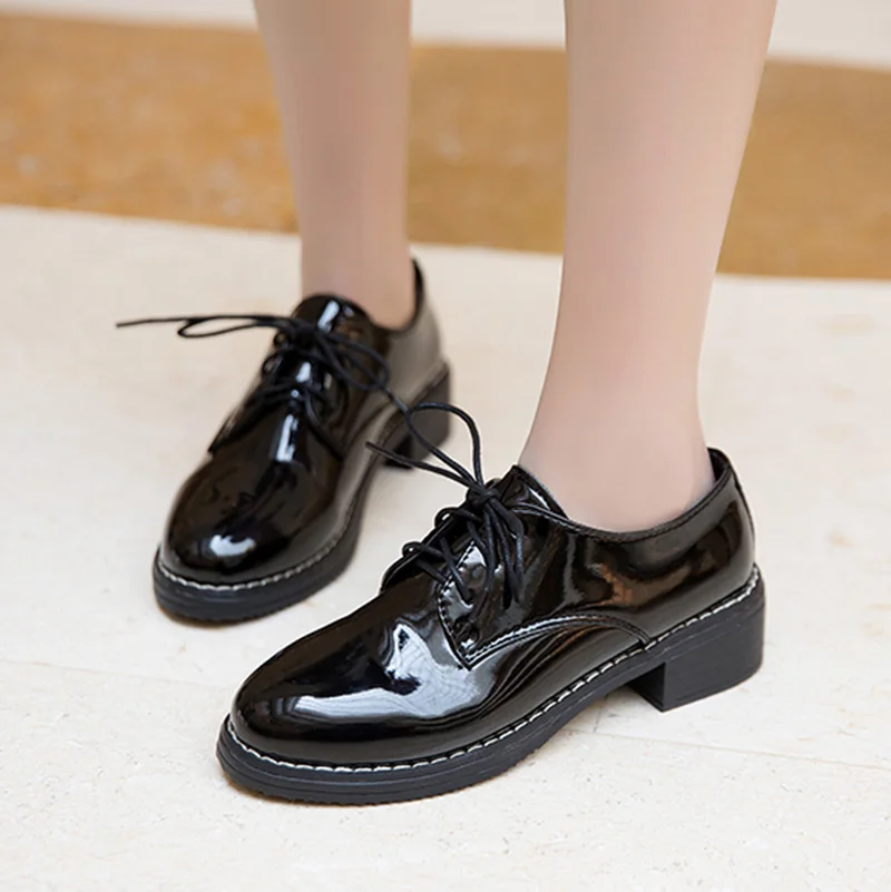 

glitter/matte black leather shoes Korean student trendy cross-tied japanned leather oxfords shoes woman thick heels single shoes