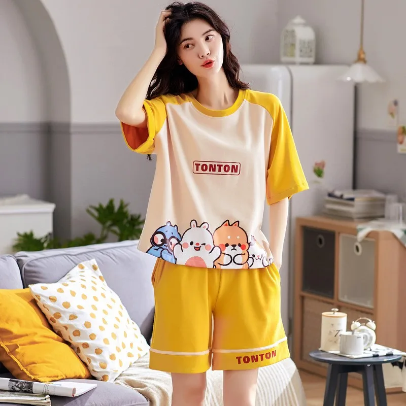 

Pink Cute Young Girl Short Sleeve Nightwear Pajamas Suit 2021 New Homewear 2PCS Sleep Set Casual Intimate Lingerie Pyjamas