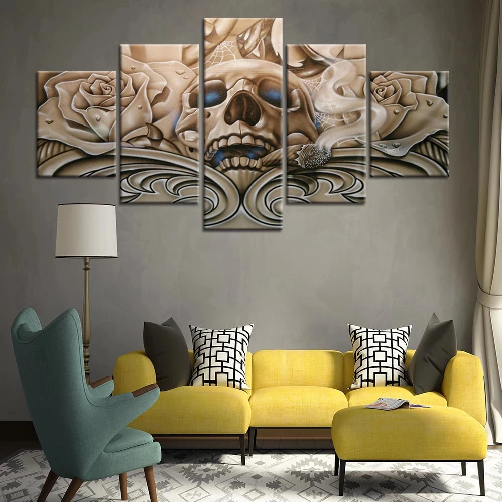 

Modular 5 Pieces Skull Skeleton Apricot Skull With Rose Poster Canvas Art Prints Wall Picture Painting Home Decor Office Decor