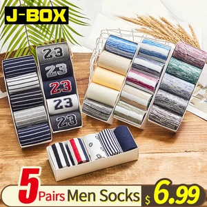 J-BOX, 5 парпартия, мужские зимние носки, модные забавные короткие носки в стиле Харадзюку, хлопковые повседневные Полосатые Носки Happy Sox, подарок для мужчин