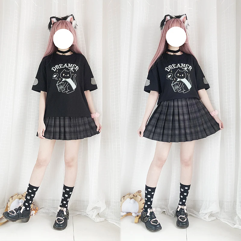 Милая Волшебная черная футболка с котом летняя коротким рукавом топы уличная