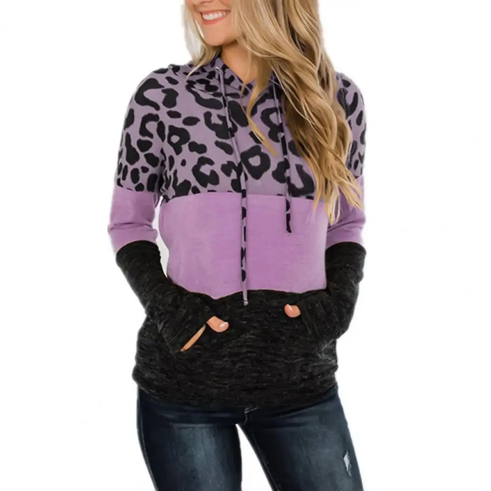 

Women Hoodies Leopard Soft Long Sleeve Drawstring Casual Fashion Pullover Ladies Leopard Print Pocket Sweatshirts 4 Color