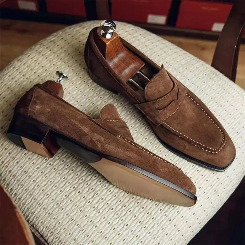 

New Men Fashion Trend Business Casual Dress Shoes Handmade Brown Suede Car Stitching Square Head Cover Wearing Loafers KU079