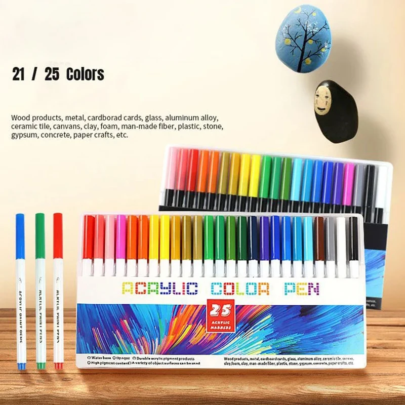 

21/25 Color Permanent Acrylic Paint Marker Pens for Fabric Canvas Art Rock Painting Metal and Ceramics Glass School Stationery