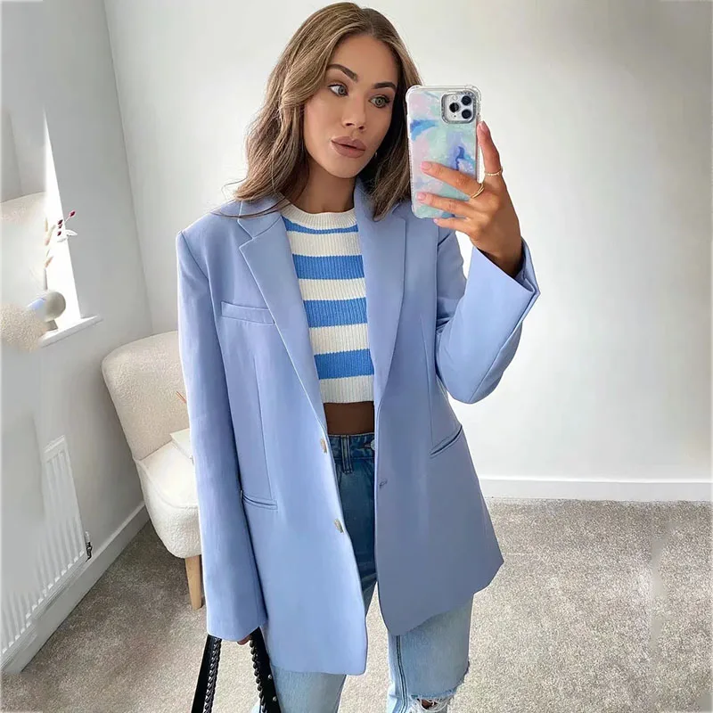 

Foridol Spring Autumn Women Blazer Jacket Blue Office Ladies Female Jacket Coat 2022 New Women Clothing Blue Oversized Blazer