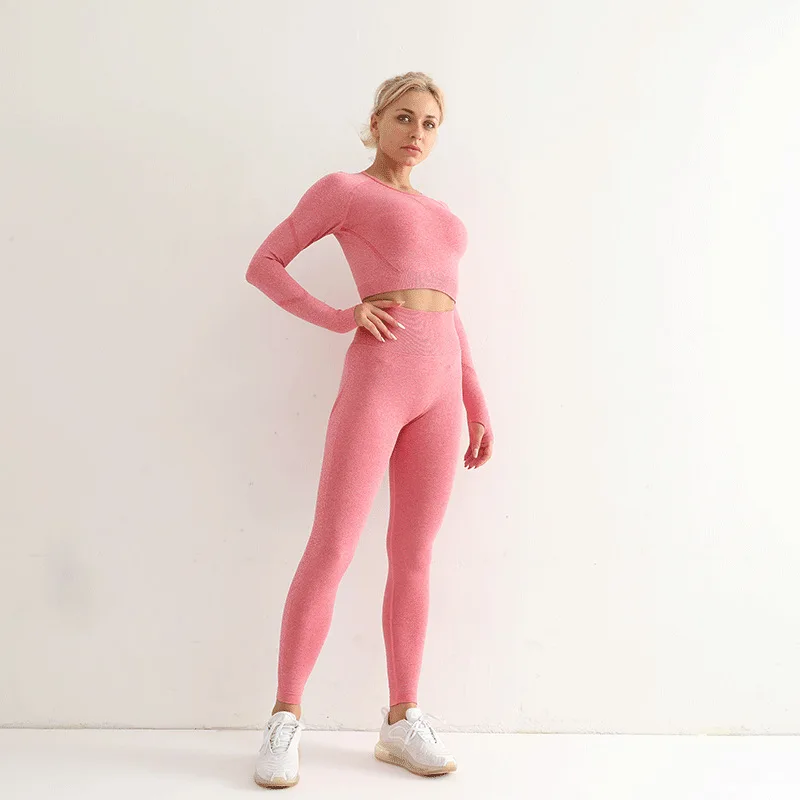 

2/PCS Seamless Women Yoga Set Workout Sportswear Gym Clothing Fitness Long Sleeve Crop Top High Waist Leggings Sports Suits XL