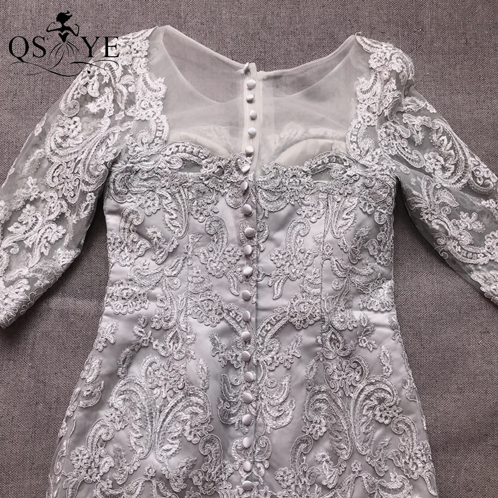 

QSYYE Grey Lace Mother of the Bride Dresses Long Sleeves Evening Dress Buttons Short Prom Dress for Mom Appliques Party Gown