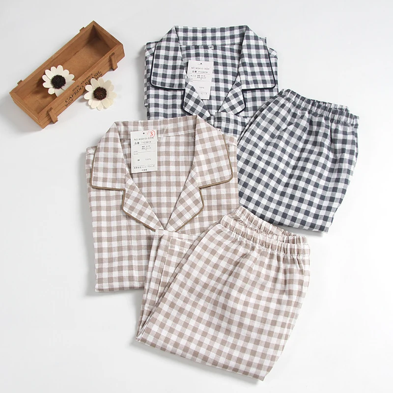 Summer Cotton Short Sleep Tops + Shorts for Man Plaid Pajamas Sets High Quality pyjama homme conjuntos de pijama Free Ship