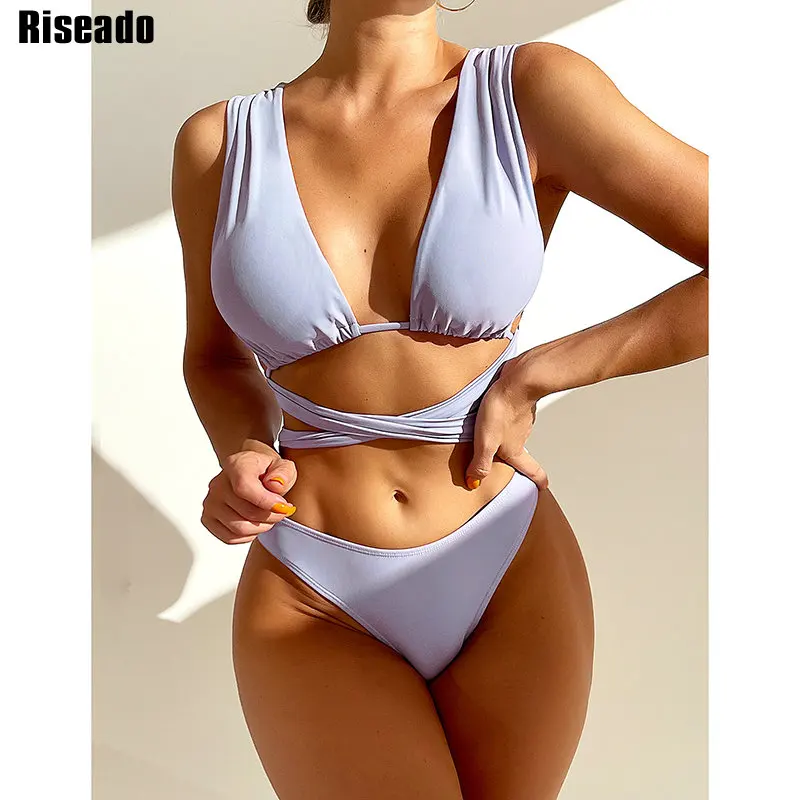 

Riseado пуш-ап бикини крест-накрест женский пляжный купальник Фиолетовый купальник 2021 сексуальный завязанный бикини галстук сзади женские куп...