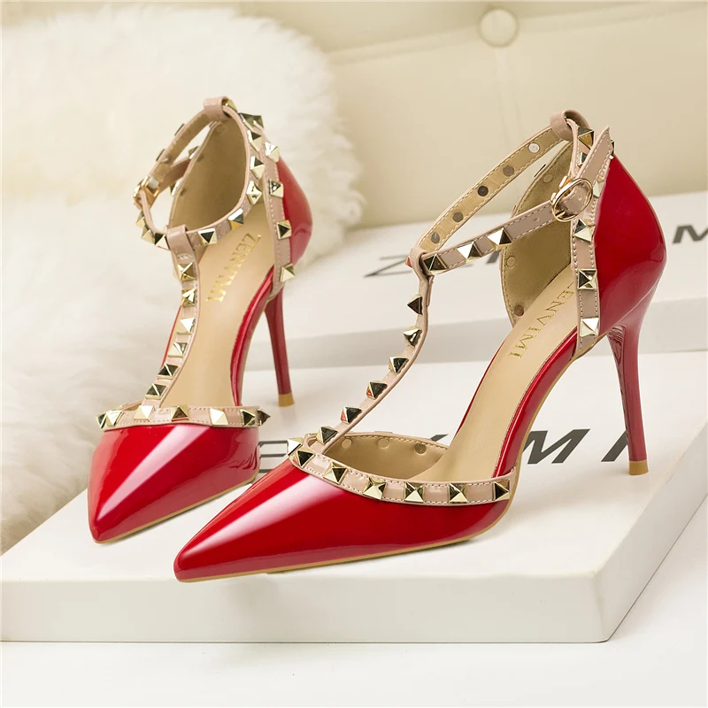 2020 Summer Fashion Sexy Women 9cm High Heels Sandals red Wedding Prom Strap Shoes Glitter Rivets Scarpins Stiletto Fetish Pumps | Обувь