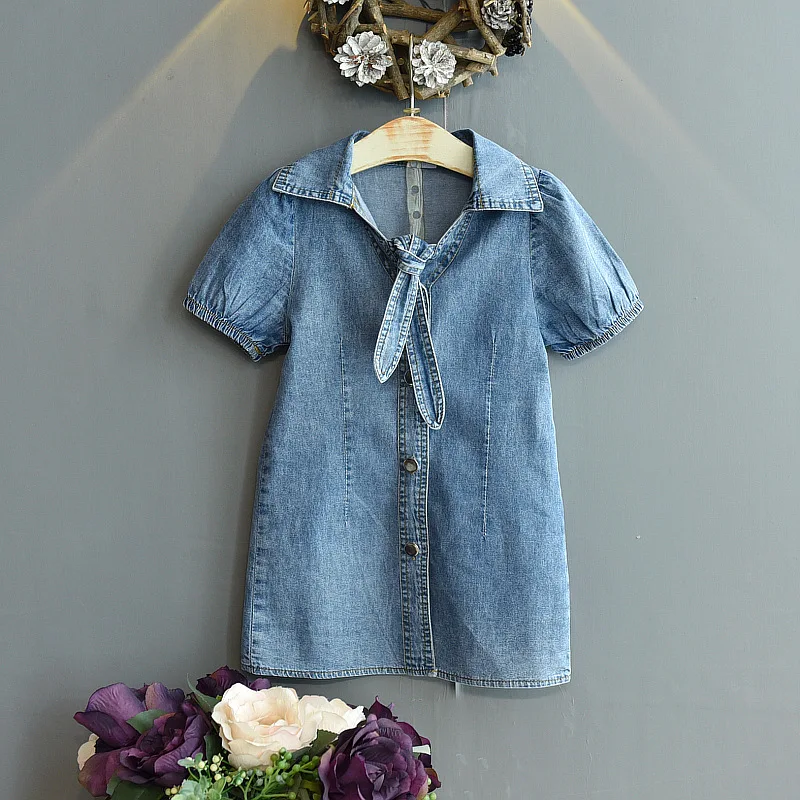 

denim dresses European and American new style puff sleeve V-neck single-breasted denim short slim dress with chest knot