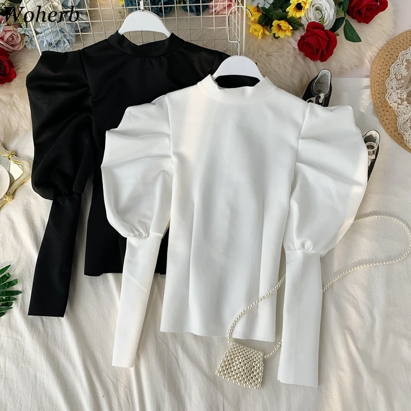 Новинка 2020 корейская мода женская футболка с пышными рукавами сексуальные