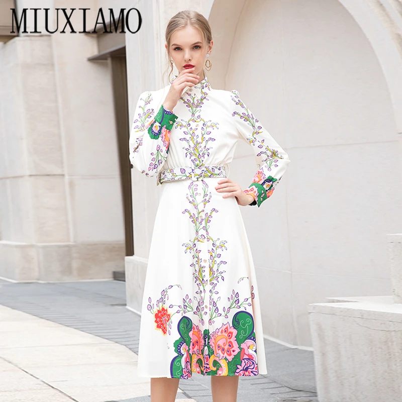 

MIUXIMAO High Quality 2020 Fall Dress Newest Long Sleeve Flower Print Elegant Casual Fishtail Dress Women Vestidos With Belt