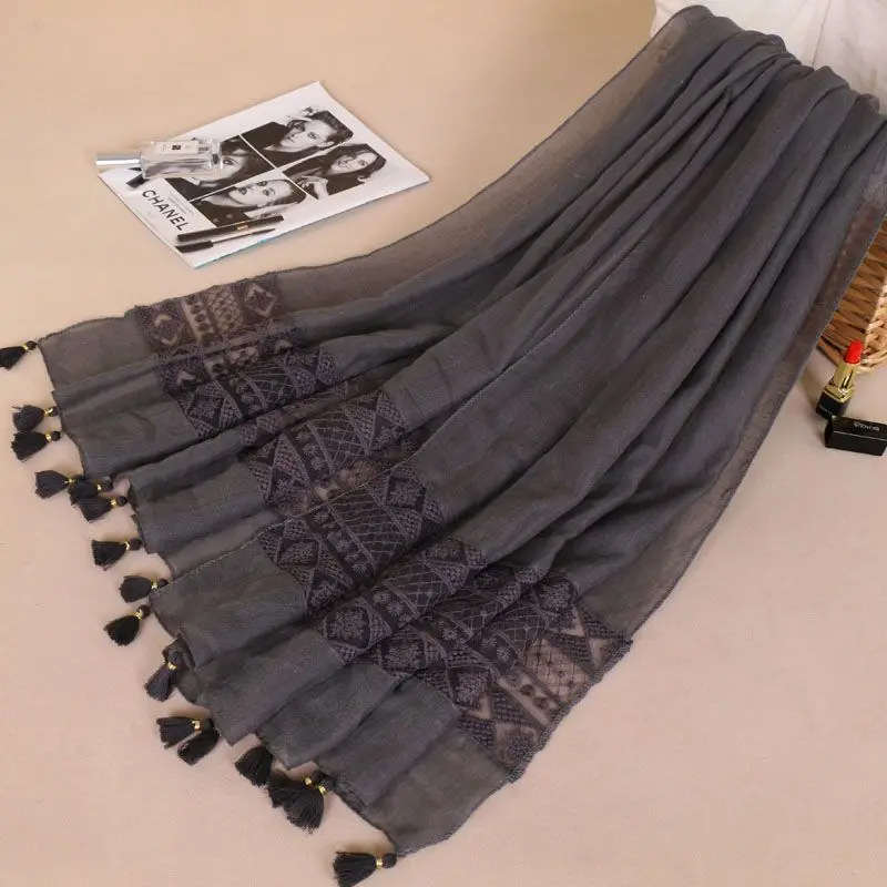 

Women Fashion Plain Lace Floral Patchwork Viscose Shawl Scarf Luxury Brand Laser Cut Long Size Bufandas Muslim Hijab Wrap Snood