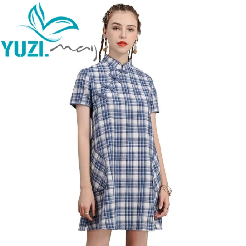 

Summer Dress 2020 Yuzi.may Boho New Denim Women Dresses Madarin Collar Short Sleeve Front Knot Cheongsam A82217 Vestidos