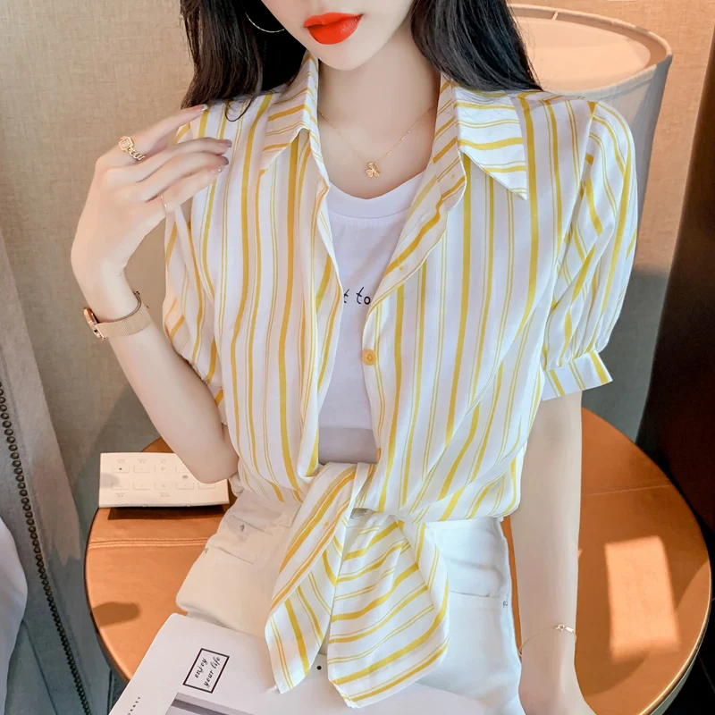 

Fashion Women's Shirt Striped Blouses for Women Fake Two Button Up Shirts Women Clothing 2021 Yellow Polo Neck Patchwork Blouse