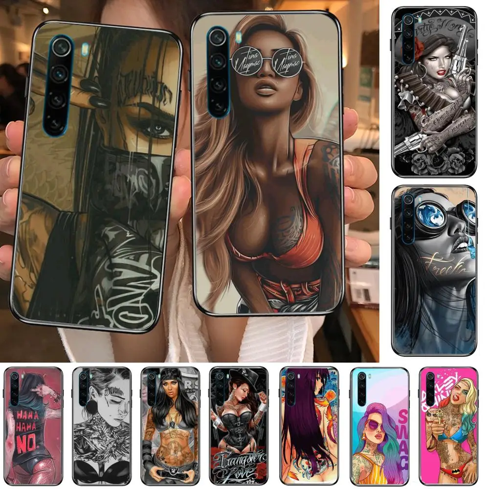 

Fashion sexy sleeve tattoo girl cartoon Phone Case For XiaoMi Redmi Note 9S 8 7 6 5 A Pro T Y1 Anime Black Cover Silicone Back