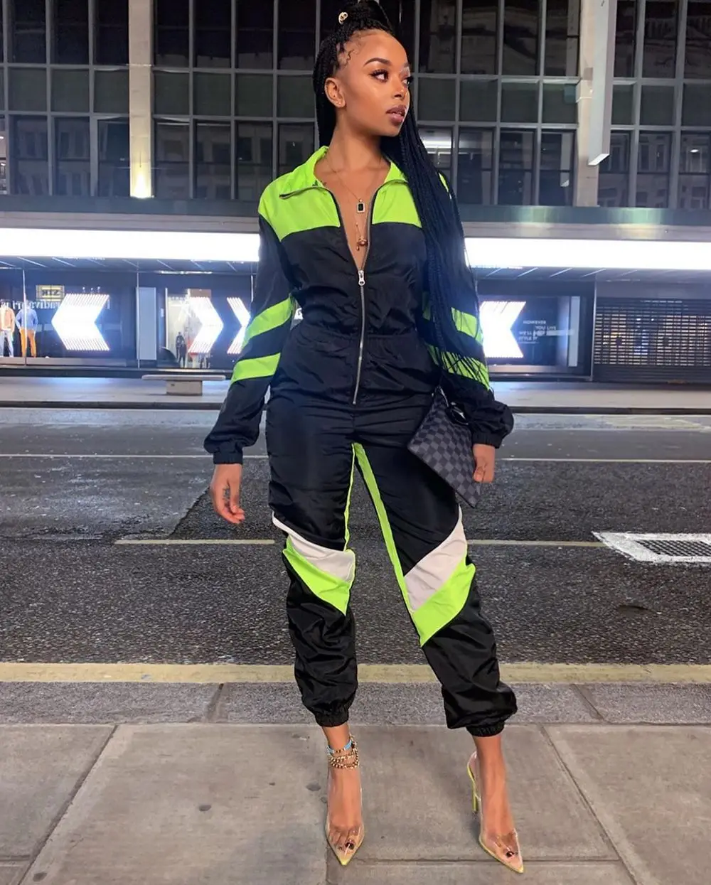 Женский спортивный комбинезон неоновый зеленый черный с длинным рукавом Модный