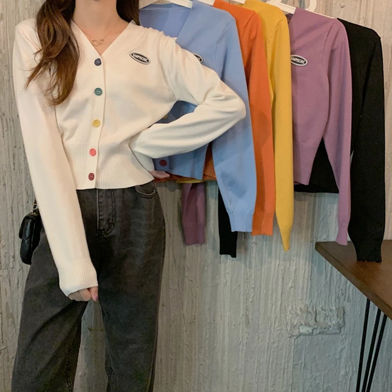 

Women'S Cardigan V-Neck Long Sleeve Slim Knit Sweater Women'S Outer Wear Short Jacket One Size
