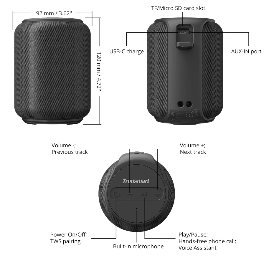 Tronsmart T6 Мини Bluetooth динамик TWS динамик s IPX6 Беспроводная Портативная колонка с объемным звуком 360 градусов, голосовой помощник