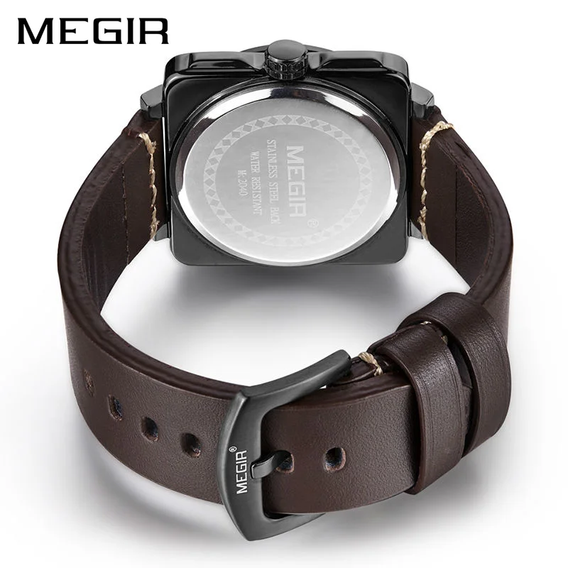 MEGIR спортивные мужские часы с кожаным ремешком квадратные Relogio Masculino Мужские