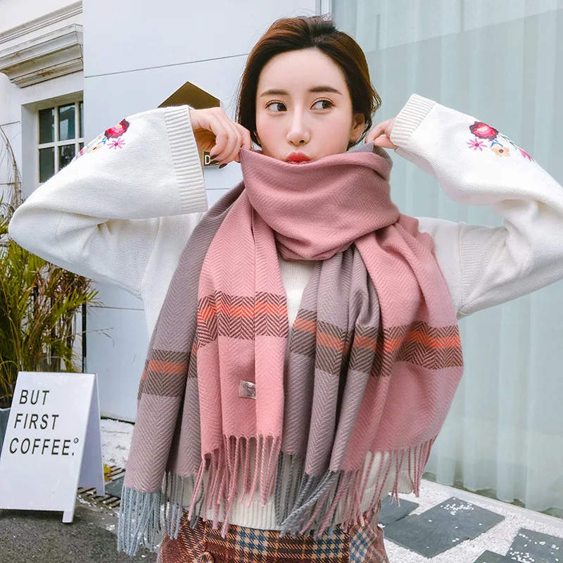 PHLE кашемировый шарф женский полосатый осенне зимний новый стиль 2019 двухцветный