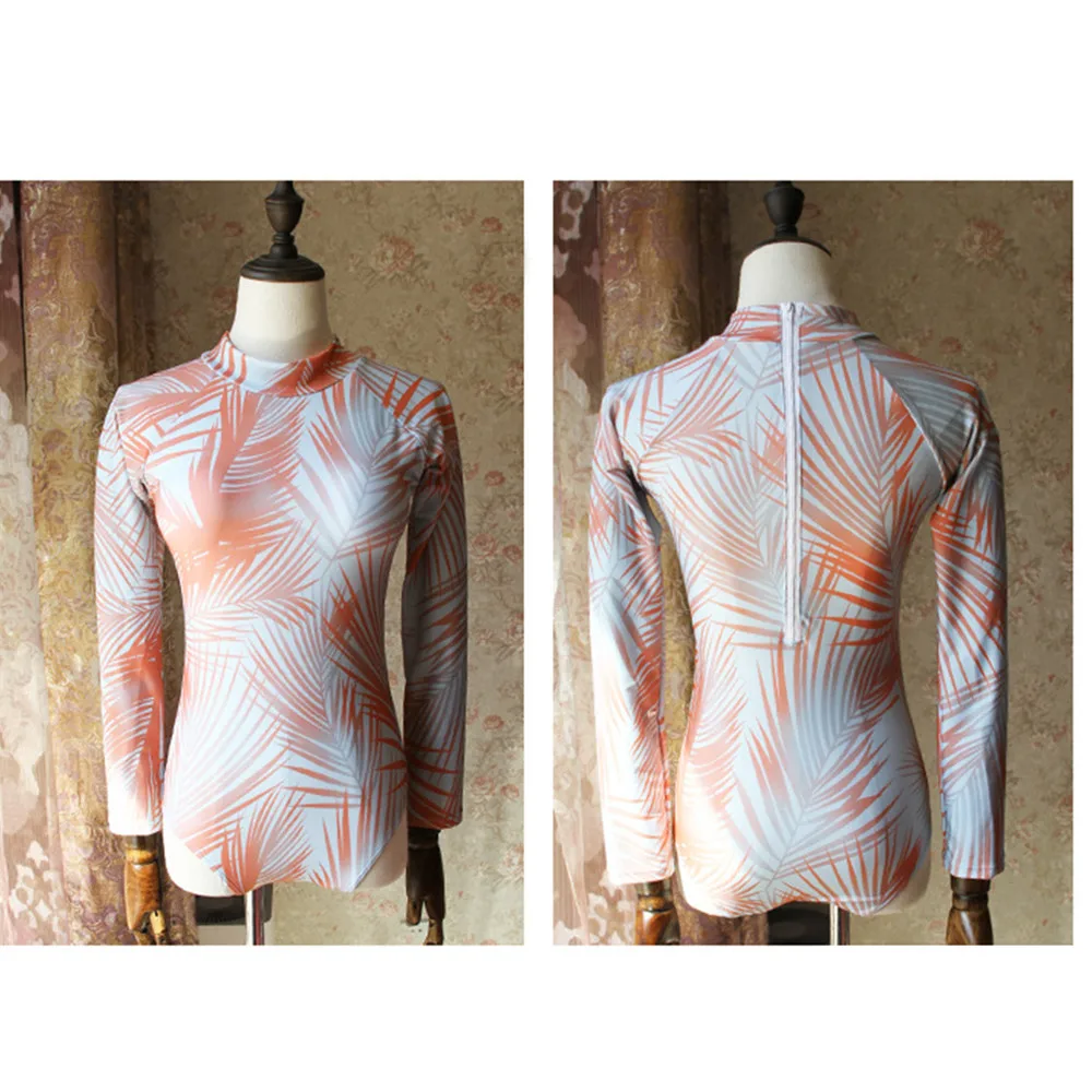 

Orange Leaves Print Women Beach Surfing Diving Rash Guards Swimsuit Swimwear Summer Jumpsuits Bathing Suit One Piece Body Suits