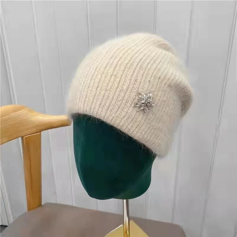 

2021 new women Winter Real Rabbit Fur Hats with gemstone Hot Selling Fashion Warm Beanie Hats Adult Cover Head Cap