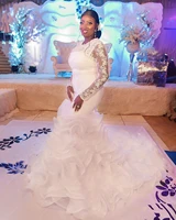 african mermaid lace long sleeves wedding dress sweep train organza ruffles plus size pageantbride dress formal bridal gown