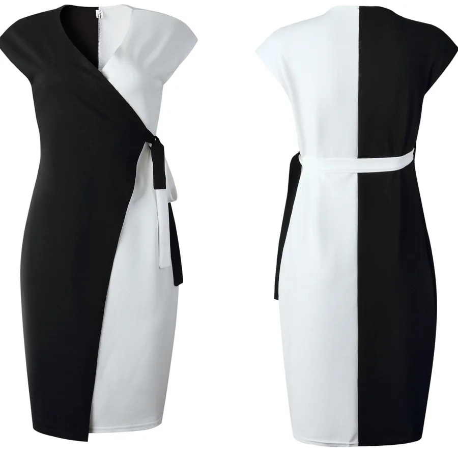 

Women's Large Size Dresses Sleeveless Irregular Black and White Color Matching High Waist Waistband Knee-length Dress Women