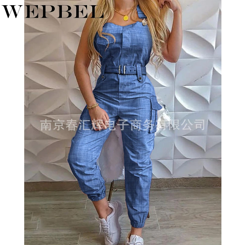

WEPBEL Sexy Overalls Women High Waist Rompers Ladies Jumpsuits High Waist Straight Pants Long Trouser