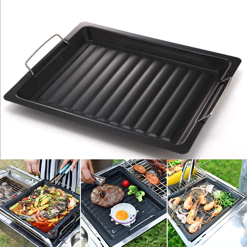 

BBQ Frying Grill Plate Korean BBQ Frying Pan Non-Stick Grill Plate Kitchen Cooking Easy To Clean Picnic Outdoor Barbecue 30X25CM