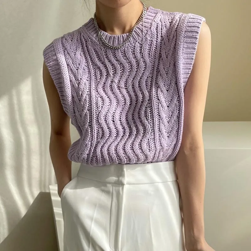 

ZAWAHIKI Korean Casual Knitted Pullover Spring 2021 O Neck Sleeveless Hemp Pattern Design Solid Tops Loose Basic Sweater Vest
