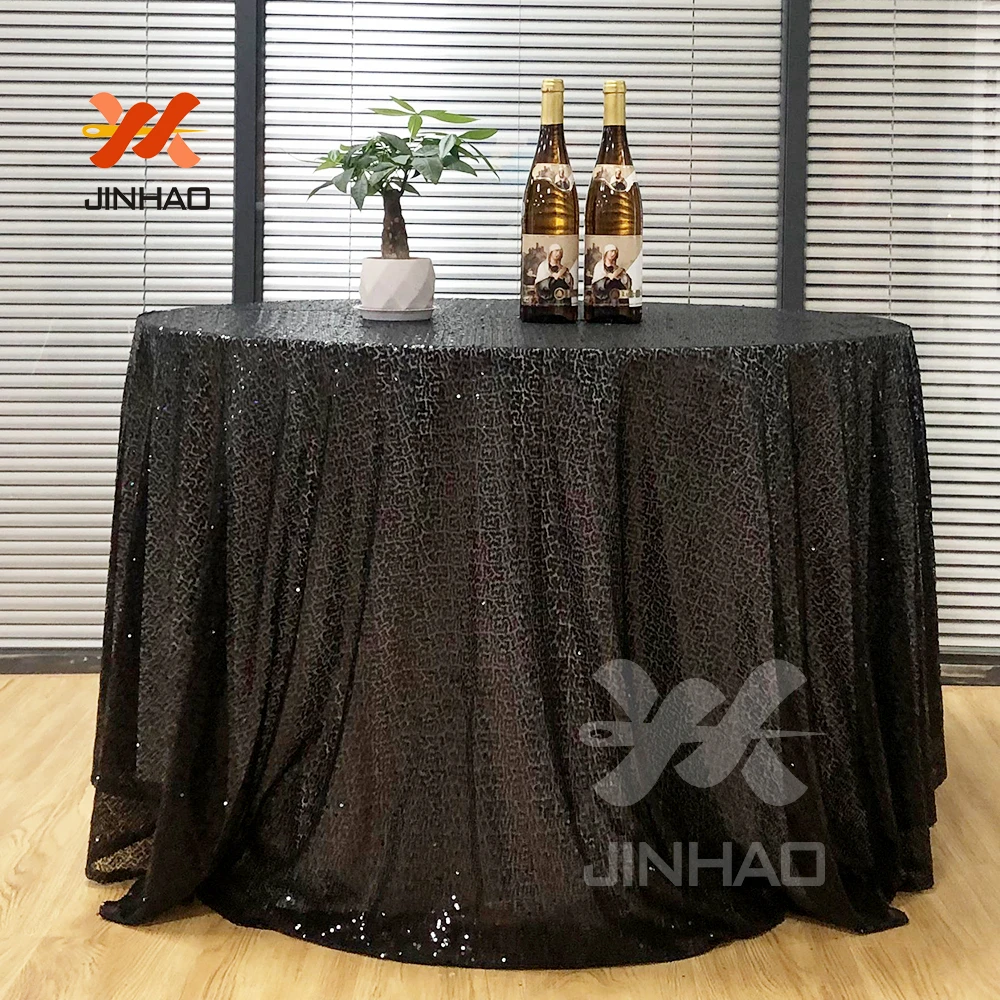 

100% Polyester Cheap Wedding Tablecloths Round Table Cover Glitter Black Tablecloth for Wedding