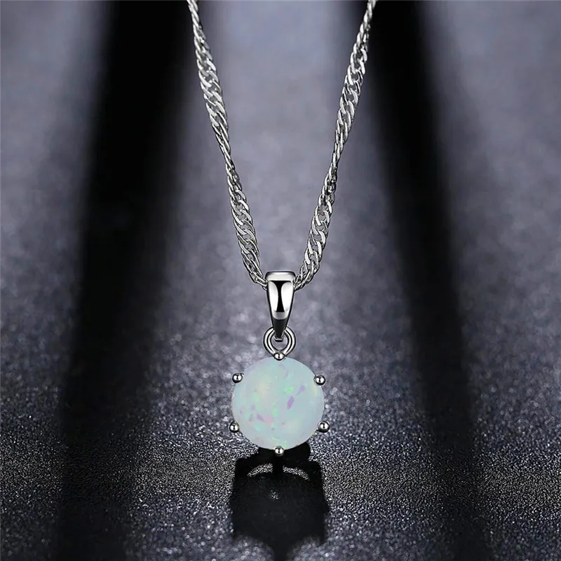 

Charm Female Blue Round Opal Jewelry Set Simple Silver Color Stud Earrings For Women Trendy Bride Chain Pendant Necklace