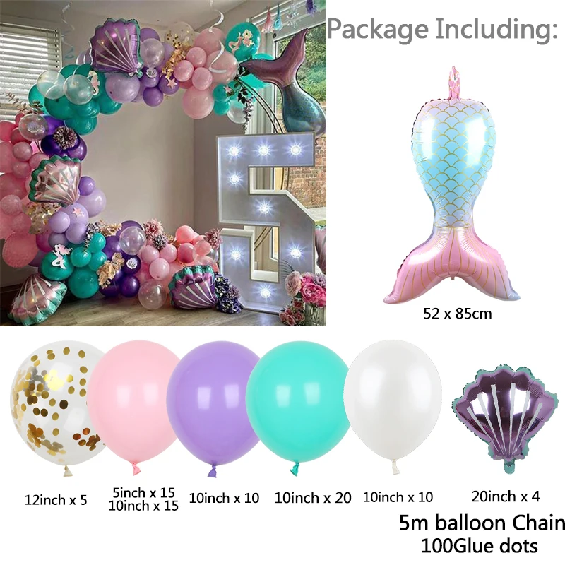 Guirnalda de Globos de fiesta de sirena, Kit de arco de concha rosa p&uacute;rpura, cola de sirena, Globos de helio, decoraci&oacute;n de fiesta de cumplea&ntilde;os, 97 Uds.-2