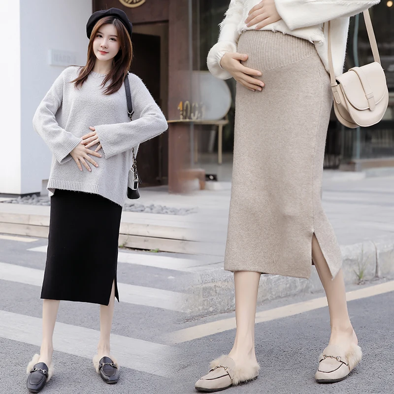 

2605# Autumn Winter Thick Warm Knitted Maternity Skirts Side Splits Belly Pencil Skirt Clothes for Pregnant Women Chic Pregnancy