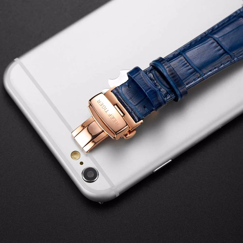 

Reef Tiger/RT Luxury Dress Watch Men Genuine Leather Strap Blue Watch Automatic Mechanical Watches Waterproof Date Watch RGA8238
