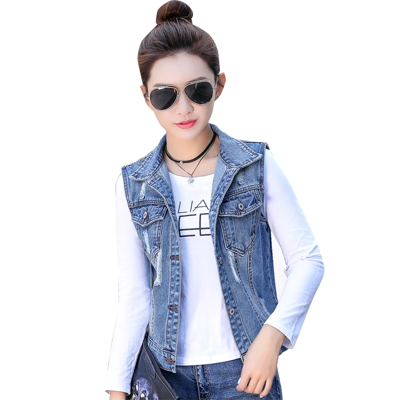 Spring and Autumn Women Denim Jacket Vest Vintage Cropped Short Coat Sleeveless Slim Lady Clothes