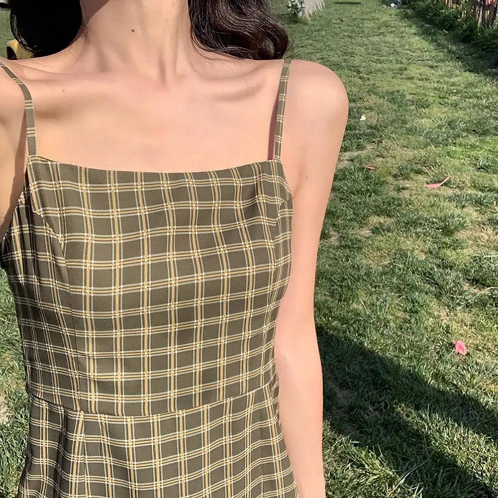 

Sling Plaid Women Dress A-line Summer All Match Shoulder Strap Dress